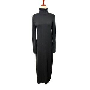 Moda Intl M Silk Cashmere Sweater Dress Bodycon Maxi Black Turtleneck Minimalist